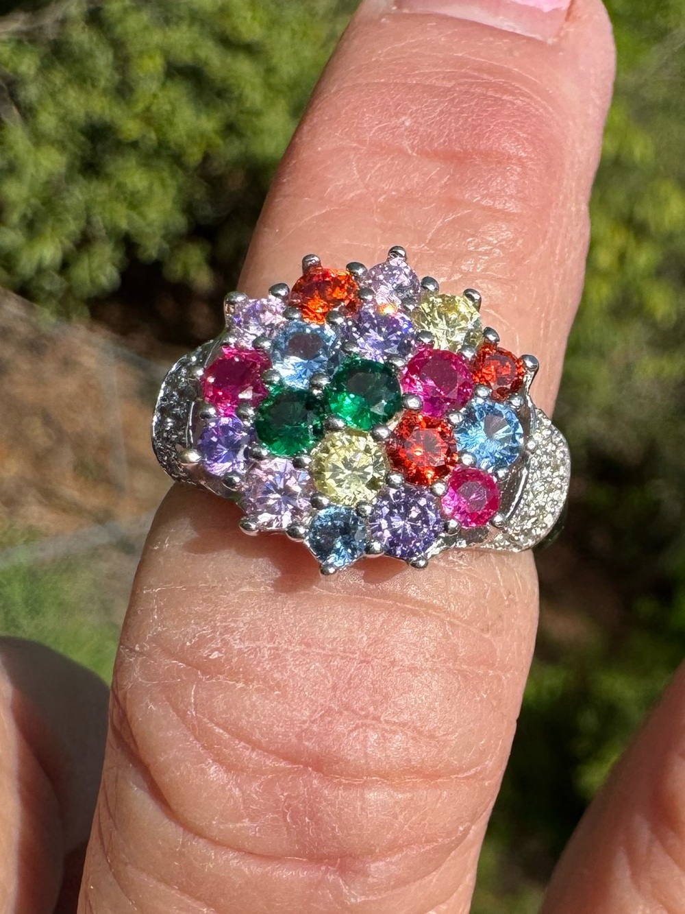 sterling silver multi gemstone cluster cocktail ring